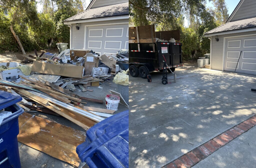 Construction debris removal project in Vista CA with cleanup container and construction materials