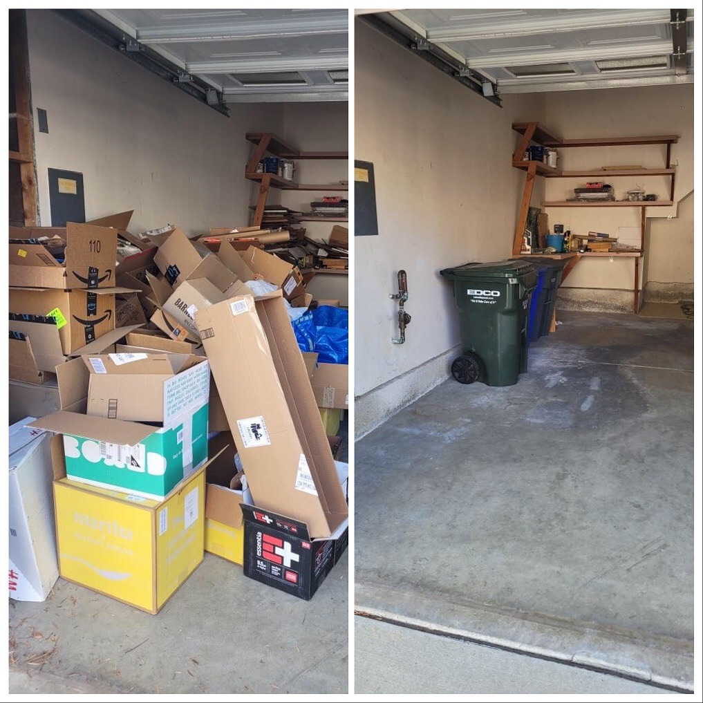 Before and after garage cleanout in Vista CA showing removal of boxes, household clutter, and unwanted items