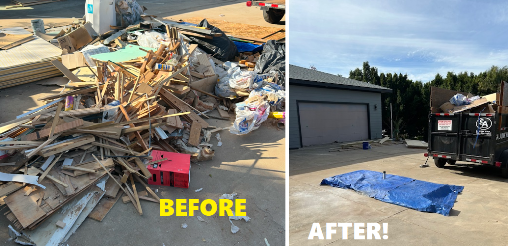 Before and after residential junk removal project in Vista CA showing debris cleanup and property restoration